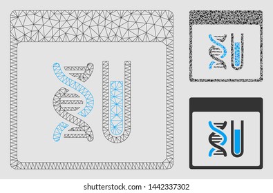 Mesh DNA analysis calendar page model with triangle mosaic icon. Wire carcass triangular network of DNA analysis calendar page. Vector mosaic of triangles in various sizes and color shades.