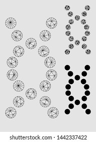 Mesh DNA helix model with triangle mosaic icon. Wire frame polygonal mesh of DNA helix. Vector mosaic of triangle parts in different sizes and color tinges. Abstract flat mesh DNA helix,