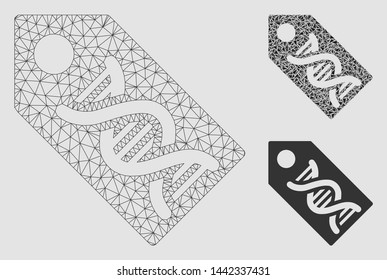 Mesh DNA marker model with triangle mosaic icon. Wire frame triangular mesh of DNA marker. Vector mosaic of triangle elements in different sizes and color hues. Abstract 2d mesh DNA marker,