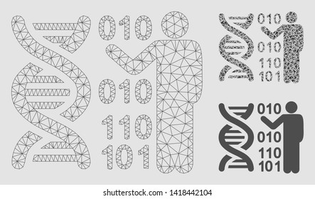 Mesh DNA research model with triangle mosaic icon. Wire frame polygonal network of DNA research. Vector mosaic of triangle elements in different sizes and color shades.