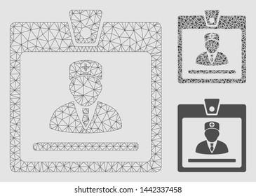 Mesh doctor badge model with triangle mosaic icon. Wire carcass triangular mesh of doctor badge. Vector composition of triangle elements in different sizes and color tones.
