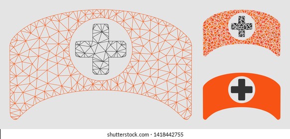 Mesh doctor cap model with triangle mosaic icon. Wire frame triangular mesh of doctor cap. Vector mosaic of triangle elements in different sizes and color tints. Abstract flat mesh doctor cap,