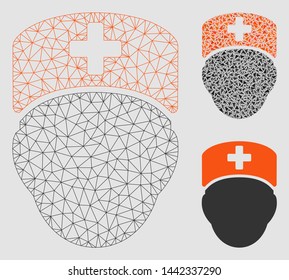 Mesh doctor head model with triangle mosaic icon. Wire carcass triangular mesh of doctor head. Vector mosaic of triangle elements in various sizes and color tinges. Abstract flat mesh doctor head,