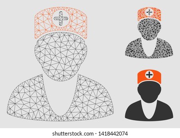 Mesh doctor model with triangle mosaic icon. Wire carcass polygonal mesh of doctor. Vector mosaic of triangle elements in various sizes and color shades. Abstract 2d mesh doctor,