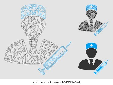 Mesh doctor model with triangle mosaic icon. Wire carcass triangular network of doctor. Vector mosaic of triangle parts in various sizes and color tinges. Abstract flat mesh doctor,
