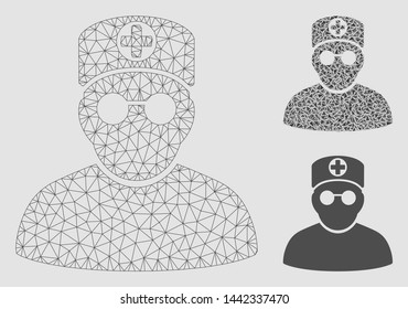Mesh doctor model with triangle mosaic icon. Wire carcass triangular network of doctor. Vector mosaic of triangle parts in various sizes and color tinges. Abstract flat mesh doctor,