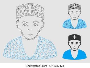 Mesh doctor model with triangle mosaic icon. Wire frame triangular mesh of doctor. Vector collage of triangle elements in different sizes and color shades. Abstract flat mesh doctor,