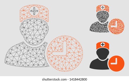 Mesh doctor schedule clock model with triangle mosaic icon. Wire frame polygonal mesh of doctor schedule clock. Vector composition of triangle elements in different sizes and color tinges.