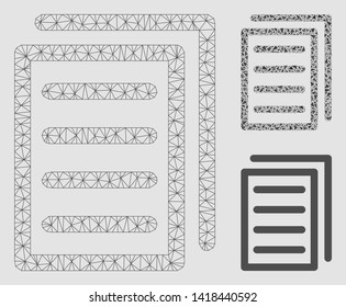 Mesh document pages model with triangle mosaic icon. Wire carcass polygonal mesh of document pages. Vector mosaic of triangle elements in variable sizes and color shades.
