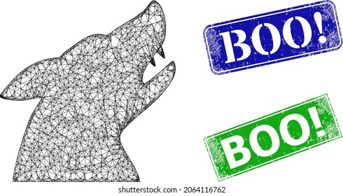 Mesh dog head model, and Boo warn blue and green rectangle unclean stamp seals. Mesh carcass symbol created from dog head pictogram. Stamp seals contain Boo warn caption inside rectangle frame.