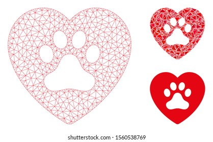 Mesh dog love heart model with triangle mosaic icon. Wire frame triangular mesh of dog love heart. Vector mosaic of triangle elements in various sizes, and color tints.
