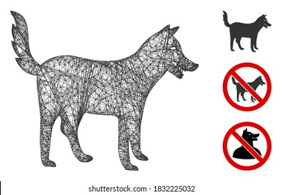 Mesh dog polygonal web 2d vector illustration. Carcass model is based on dog flat icon. Triangular network forms abstract dog flat model.