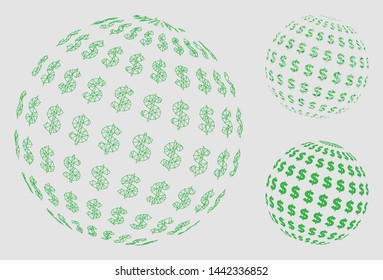 Mesh dollar abstract sphere model with triangle mosaic icon. Wire carcass polygonal mesh of dollar abstract sphere. Vector mosaic of triangle elements in variable sizes and color shades.