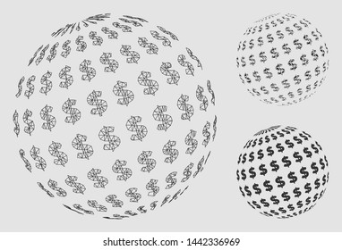 Mesh dollar abstract sphere model with triangle mosaic icon. Wire frame triangular mesh of dollar abstract sphere. Vector mosaic of triangle parts in various sizes and color tones.