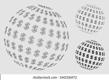Mesh dollar abstract sphere model with triangle mosaic icon. Wire frame triangular mesh of dollar abstract sphere. Vector composition of triangle elements in different sizes and color tints.