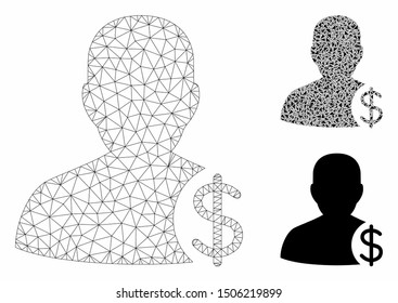 Mesh dollar account client model with triangle mosaic icon. Wire frame triangular mesh of dollar account client. Vector mosaic of triangle parts in variable sizes, and color tints.