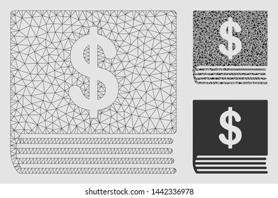 Mesh dollar accounting book model with triangle mosaic icon. Wire frame polygonal mesh of dollar accounting book. Vector mosaic of triangle parts in different sizes and color tinges.