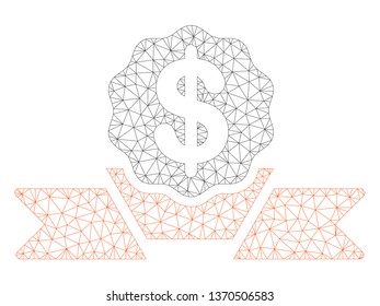 Mesh dollar award ribbon polygonal icon illustration. Abstract mesh lines and dots form triangular dollar award ribbon.