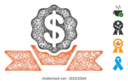 Mesh dollar award ribbon web icon vector illustration. Carcass model is based on dollar award ribbon flat icon. Mesh forms abstract dollar award ribbon flat model.