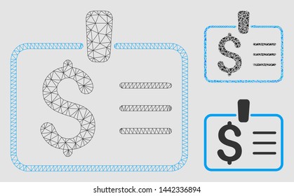 Mesh dollar badge model with triangle mosaic icon. Wire carcass polygonal mesh of dollar badge. Vector mosaic of triangle elements in different sizes and color tinges. Abstract 2d mesh dollar badge,