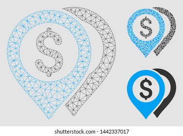 Mesh dollar bank markers model with triangle mosaic icon. Wire carcass triangular mesh of dollar bank markers. Vector mosaic of triangle parts in various sizes and color tones.