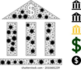 Mesh dollar bank polygonal icon vector illustration, with black Covid items. Model is based on dollar bank flat icon, with infection nodes and triangular mesh.