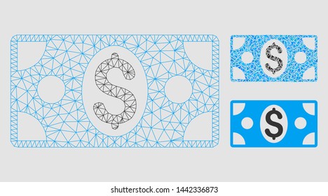 Mesh dollar banknote model with triangle mosaic icon. Wire carcass triangular network of dollar banknote. Vector mosaic of triangle elements in variable sizes and color hues.