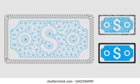 Mesh dollar banknote model with triangle mosaic icon. Wire frame triangular mesh of dollar banknote. Vector collage of triangle parts in different sizes and color tinges.