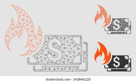 Mesh dollar banknotes fire model with triangle mosaic icon. Wire frame triangular mesh of dollar banknotes fire. Vector collage of triangle parts in different sizes and color tones.