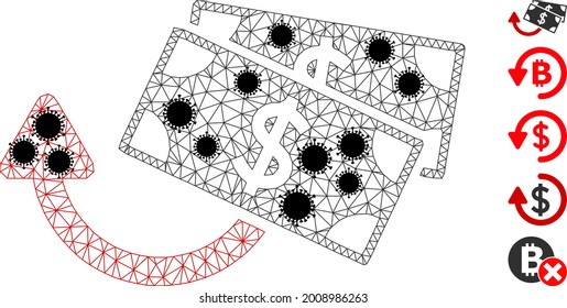 Mesh dollar banknotes refund polygonal 2d vector illustration, with black virus elements. Carcass model is created from dollar banknotes refund flat icon, with covid centers and polygonal mesh.