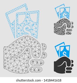 Mesh dollar banknotes salary model with triangle mosaic icon. Wire frame polygonal mesh of dollar banknotes salary. Vector mosaic of triangle elements in variable sizes and color hues.