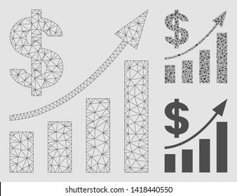 Mesh dollar bar chart trend model with triangle mosaic icon. Wire frame polygonal mesh of dollar bar chart trend. Vector mosaic of triangles in different sizes and color tinges.