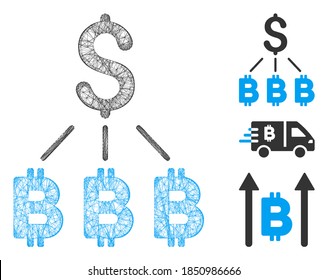 Mesh dollar Bitcoin links polygonal web 2d vector illustration. Abstraction is based on dollar Bitcoin links flat icon. Triangular mesh forms abstract dollar Bitcoin links flat model.