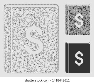 Mesh dollar book model with triangle mosaic icon. Wire carcass triangular mesh of dollar book. Vector mosaic of triangle elements in variable sizes and color tones. Abstract flat mesh dollar book,
