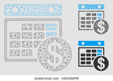Mesh dollar calendar model with triangle mosaic icon. Wire carcass triangular mesh of dollar calendar. Vector composition of triangle elements in different sizes and color shades.