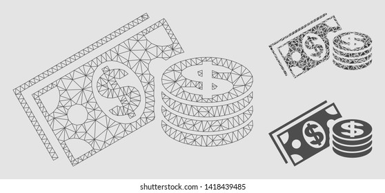 Mesh dollar cash model with triangle mosaic icon. Wire frame triangular network of dollar cash. Vector mosaic of triangle parts in various sizes and color hues. Abstract flat mesh dollar cash,