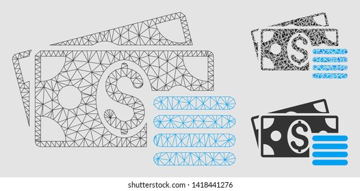 Mesh dollar cash model with triangle mosaic icon. Wire carcass triangular mesh of dollar cash. Vector mosaic of triangles in various sizes and color tints. Abstract flat mesh dollar cash,