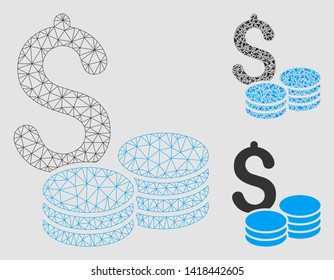 Mesh dollar cash model with triangle mosaic icon. Wire frame triangular mesh of dollar cash. Vector mosaic of triangle elements in various sizes and color tints. Abstract 2d mesh dollar cash,