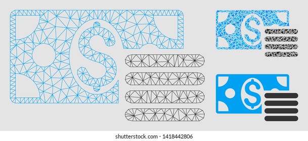 Mesh dollar cash model with triangle mosaic icon. Wire carcass polygonal mesh of dollar cash. Vector mosaic of triangle parts in variable sizes and color tinges. Abstract flat mesh dollar cash,