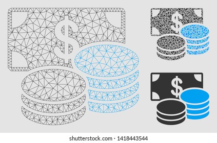 Mesh dollar cash model with triangle mosaic icon. Wire carcass triangular mesh of dollar cash. Vector mosaic of triangle parts in different sizes and color tints. Abstract 2d mesh dollar cash,