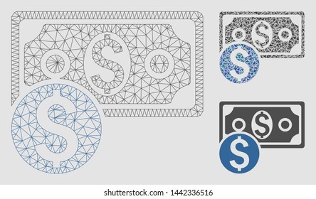Mesh dollar cash model with triangle mosaic icon. Wire carcass triangular mesh of dollar cash. Vector mosaic of triangle parts in variable sizes and color shades. Abstract 2d mesh dollar cash,