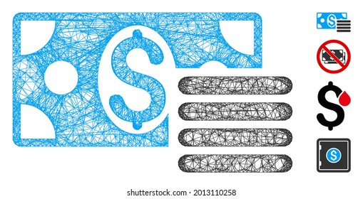 Ilustración vectorial 2d de la web de efectivo en malla. El modelo de canales se basa en un icono de caja plana en dólares. La malla forma un modelo abstracto de caja en dólares. Red de línea plana con marco de cable aislada en un fondo blanco.