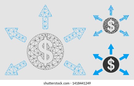 Mesh dollar cashout arrows model with triangle mosaic icon. Wire frame triangular mesh of dollar cashout arrows. Vector mosaic of triangle elements in different sizes and color hues.