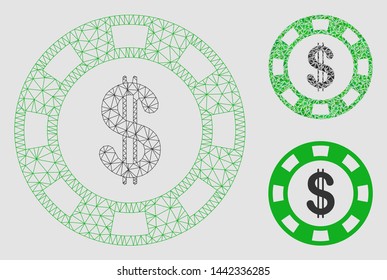 Mesh dollar casino chip model with triangle mosaic icon. Wire carcass triangular mesh of dollar casino chip. Vector mosaic of triangle elements in various sizes and color shades.