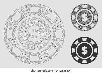 Mesh dollar casino chip model with triangle mosaic icon. Wire frame triangular mesh of dollar casino chip. Vector mosaic of triangles in variable sizes and color tones.