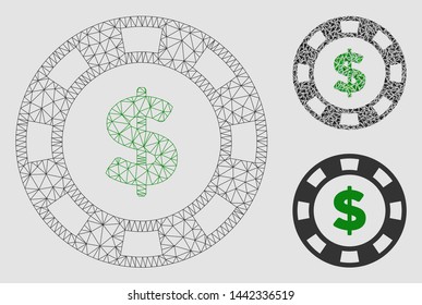 Mesh dollar casino chip model with triangle mosaic icon. Wire carcass triangular mesh of dollar casino chip. Vector collage of triangle elements in various sizes and color tints.