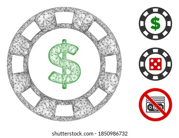 Mesh dollar casino chip polygonal web 2d vector illustration. Carcass model is based on dollar casino chip flat icon. Triangular mesh forms abstract dollar casino chip flat carcass.