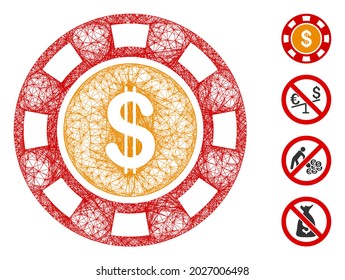 Mesh dollar casino chip web symbol vector illustration. Carcass model is based on dollar casino chip flat icon. Mesh forms abstract dollar casino chip flat model.