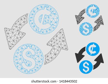 Mesh dollar cent exchange model with triangle mosaic icon. Wire frame polygonal mesh of dollar cent exchange. Vector mosaic of triangle elements in various sizes and color hues.