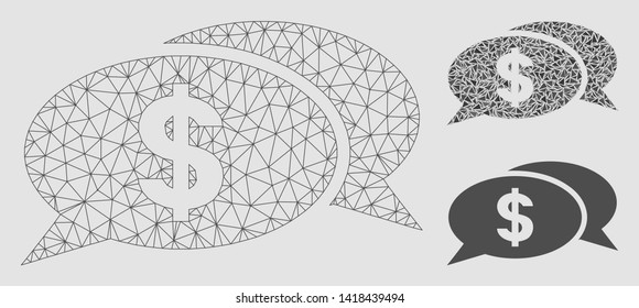 Mesh dollar chat model with triangle mosaic icon. Wire carcass triangular network of dollar chat. Vector mosaic of triangles in different sizes and color tones. Abstract 2d mesh dollar chat,